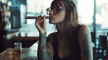 A tattooed woman in glasses smokes a cigar at a bar.