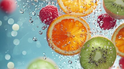 Poster - Fresh citrus, raspberries, and kiwi slices floating underwater