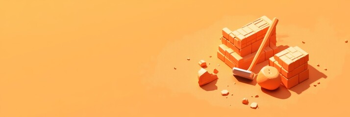 A digital illustration featuring bricks, a hammer, and construction materials on an orange background.