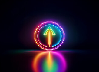 Poster - vibrant rainbow neon arrow pointing upwards, encircled in a glowing ring, reflects on a dark, glossy