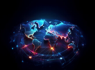 Poster - A glowing, digital world map with vibrant, interconnected lines illustrating global communication and networking.  The continents are highlighted with a futuristic, three-dimensional effect.