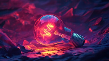 Wall Mural - A glowing light bulb on a textured surface, illuminated in shades of red and purple.
