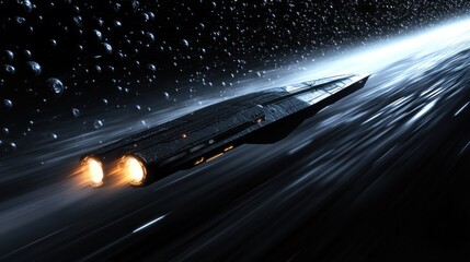 Wall Mural - A sleek black spaceship with glowing engines flies through space, leaving a trail of light behind it.