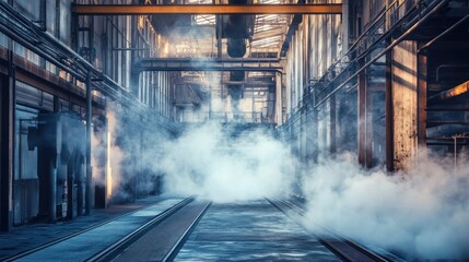 Mysterious industrial corridor with steam foggy smoke. 