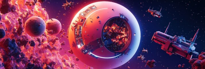 Wall Mural - a futuristic space scene featuring a large spacecraft surrounded by planets and stars.