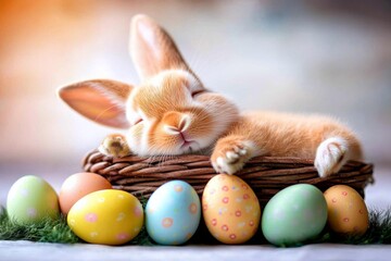 minimal photostock of a  Cute little bunny sleeping in the basket and easter eggs in the meadow , isolated on white background,  , copy space, copy space for text,