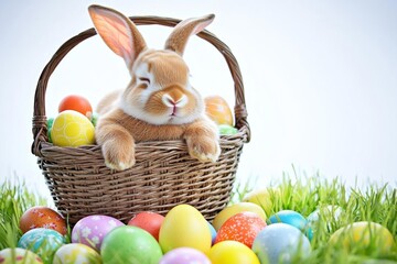 minimal photostock of a  Cute little bunny sleeping in the basket and easter eggs in the meadow , isolated on white background,  , copy space, copy space for text,