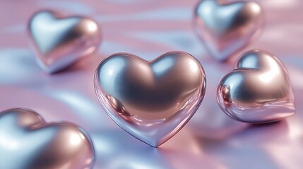 Poster - Shiny Metallic Hearts on Soft Pink Background for Romantic Themes