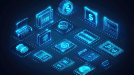 Poster - Digital Financial Icons in Neon Glow for Modern Banking Concepts