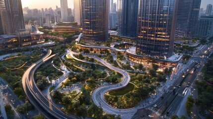 Poster - modern urban landscape with green spaces and skyscrapers at sunset