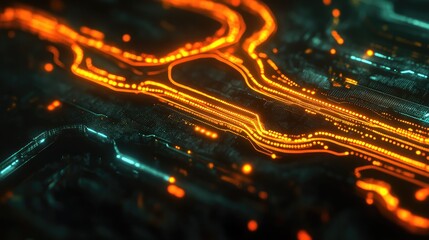 Poster - Abstract Digital Circuit with Glowing Orange Lights and Textures