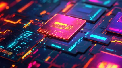 Poster - Vibrant Circuit Board with Colorful Microchips and Neon Lights