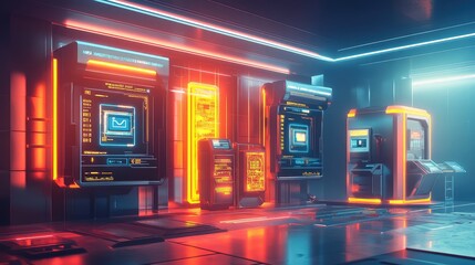 Poster - Futuristic Data Center with Neon Lights and High-Tech Machines