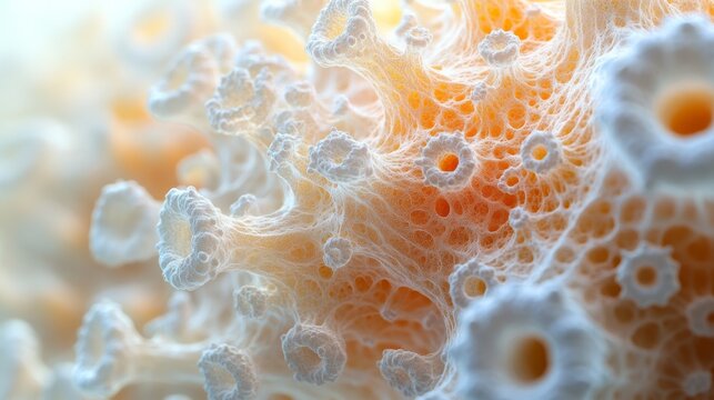 Microscopic view of a porous, organic structure with intricate, interconnected cavities and tubes, exhibiting a gradient of pale orange and white hues.