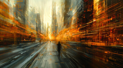Poster - Futuristic Cityscape: A Solitary Figure in a Dynamic Urban Environment of Glowing Orange and Grey Hues
