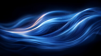 Poster - Abstract Blue Wave Energy Flow Digital Art: Glowing Lines and Cosmic Particles
