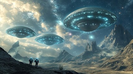 Wall Mural - alien spaceships hover over desolate rocky landscape