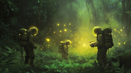 Wall Mural - astronauts explore bioluminescent forest at night