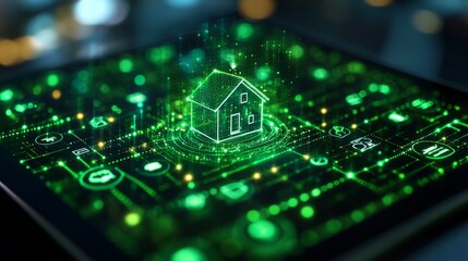 Poster - Holographic smart home interface displaying home automation features in a radial layout
