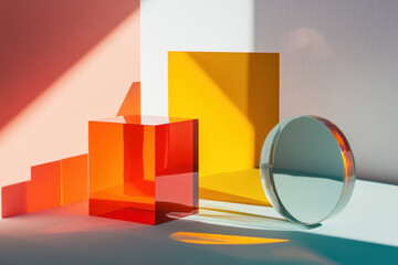 Bright colorful abstract background made by transparent colored glass Empty product display showcase
