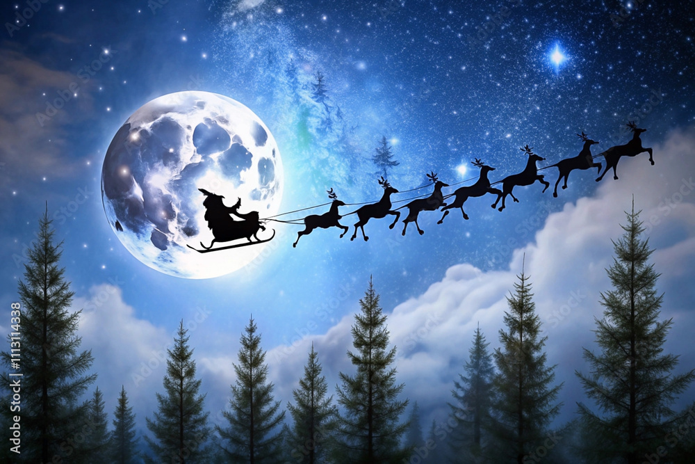 Santa Claus in sleigh pulled by reindeer flying over snowy forest at ...