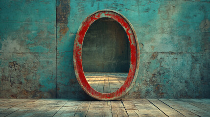 Poster - Horror, A vintage oval mirror hangs on a textured teal wall, reflecting a wooden floor, creating a serene and rustic atmosphere.