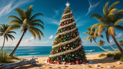 Wall Mural - Beautiful Christmas tree decorated on tropical beach with palm trees and blue ocean in the background 