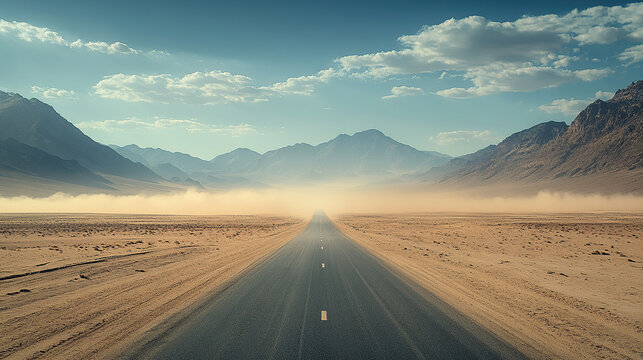 a long road in the desert, with mountains in the background, a sandstorm
