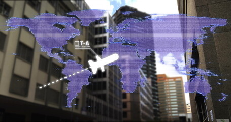 Poster - world map with red circle highlighting region over city buildings image