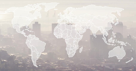 Poster - World map image over cityscape with tall buildings and hazy sky