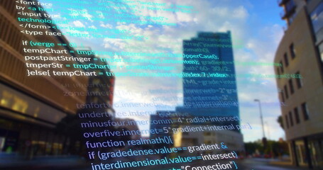 Poster - Computer code image over cityscape with skyscrapers and cloudy sky