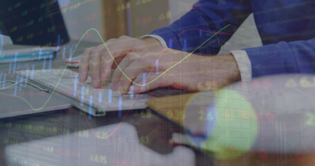 Poster - Image of financial data processing over caucasian man using computer