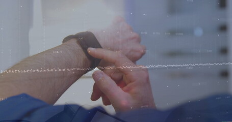Poster - Image of financial data processing over caucasian man using smartwatch