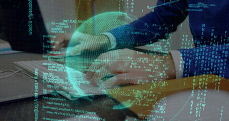 Poster - Image of financial data processing over caucasian man using computer
