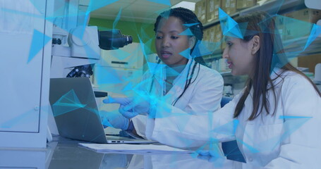Aufkleber - image of glowing light trails over diverse scientists in laboratory