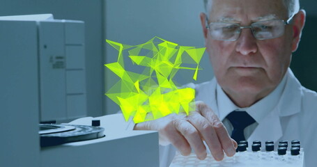 Poster - Image of glowing light trails over caucasian male scientist in laboratory