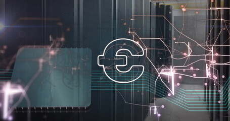 Poster - Image of euro sign over network and data processing over computer servers