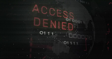 Poster - Image of access denied text over processing data on black interface screen