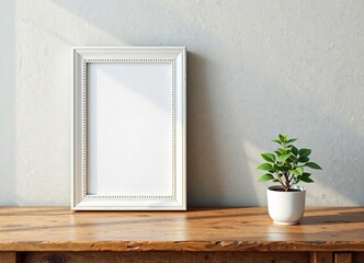 Wall Mural - A lovely white-framed picture sits atop a rustic wooden table beside a small potted plant, cozy, inviting