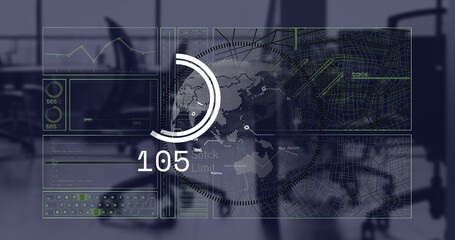 Poster - Image of data processing and diagrams over office