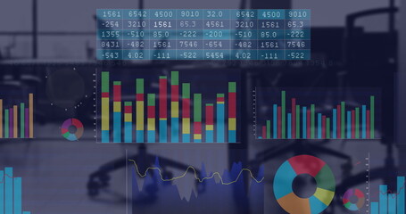 Poster - Image of data processing and diagrams over office