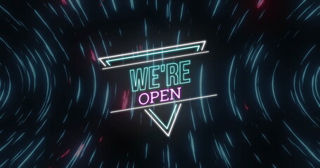 Poster - Image of we're open neon text over light trails on black background