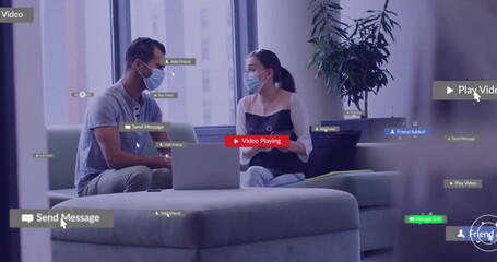 Poster - Image of text and data processing over diverse business people in office