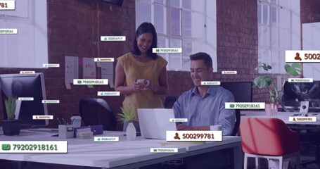 Poster - Image of text and data processing over diverse business people in office