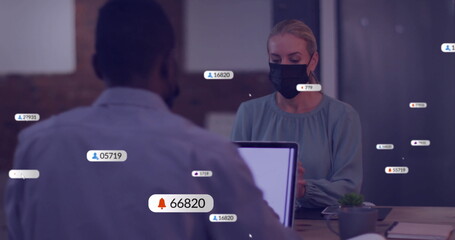 Poster - Image of text and data processing over diverse business people in office