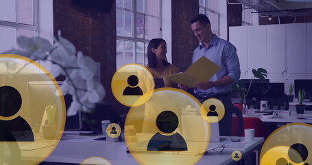 Poster - Image of people icons over diverse business people in office