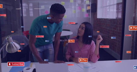 Poster - Image of text and data processing over diverse business people in office