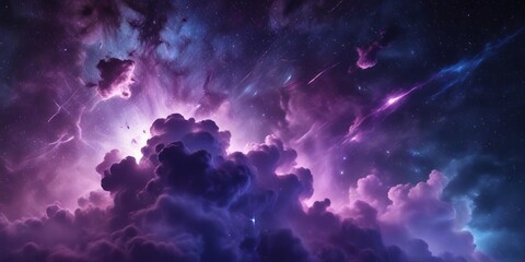 ethereal purple clouds floating in a deep blue nebula galaxy background with stars , purple, stars