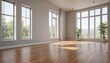 © methinee - Spacious room with large window and hardwood floor, rustic interior, modern decor, hardwood flooring