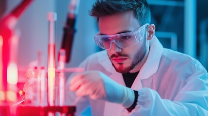 Poster - young scientist conducting experiments with glassware in a modern laboratory with colorful lighting